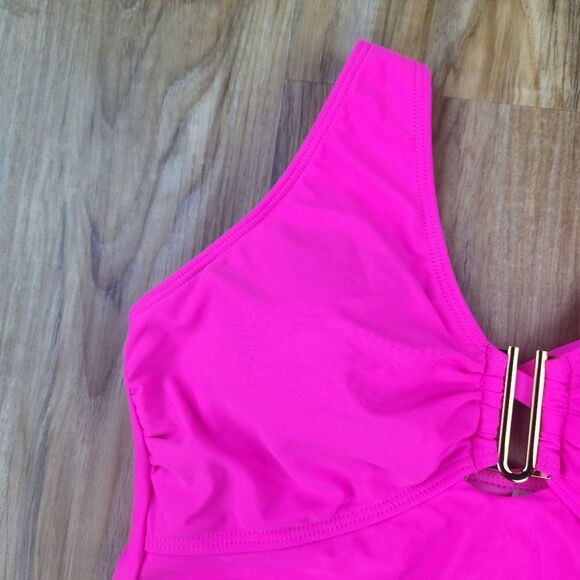 ⏭️NWT Neon Pink & Gold U-Buckle Adjustable Tankini Swim Top Medium - Picture 7 of 13